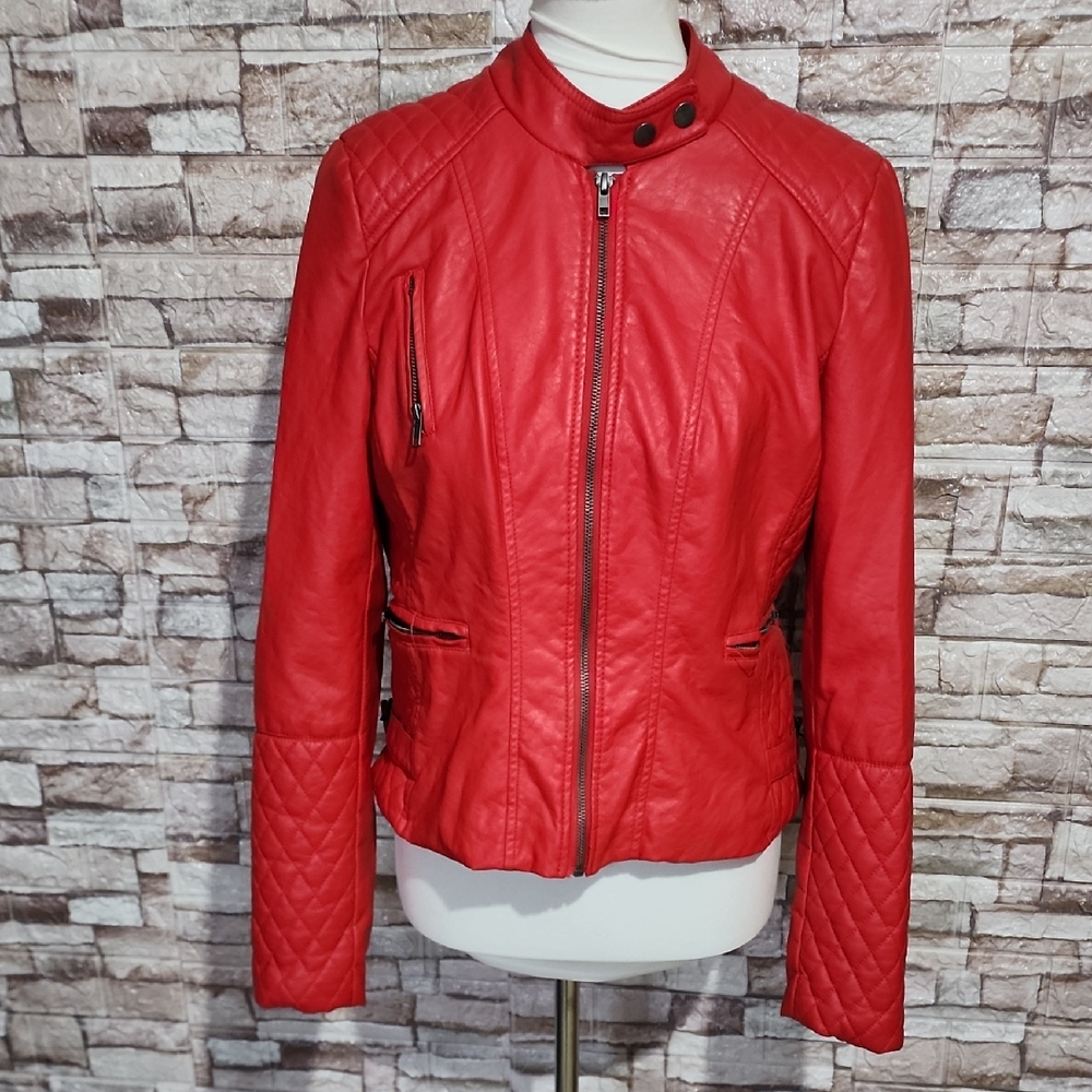 Maralyn & Me Red Women's Quilted Sleeve Moto Faux Jacket